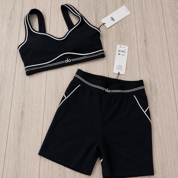 ALO Yoga Pants - ALO Yoga Black Sports Bra and Shorts Set with White Piping